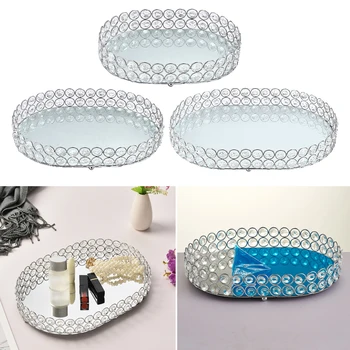 

Metal Silver Oval Shape Serving/Dressing Table Tray With Mirror Glass Base