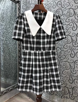 

2020 Spring and Summer New Women's Color Matching Lapel VV Shape Neckline Short Sleeve and Plaid Jumpsuit Casual 710