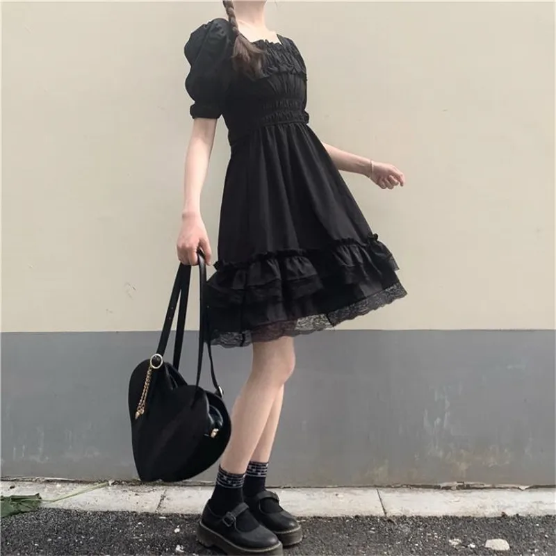 Japanese Lolita Style Women Princess Black Mini Dress Slash Neck High Waist Gothic Dress Puff Sleeve Lace Ruffles Party Dresses satin dress