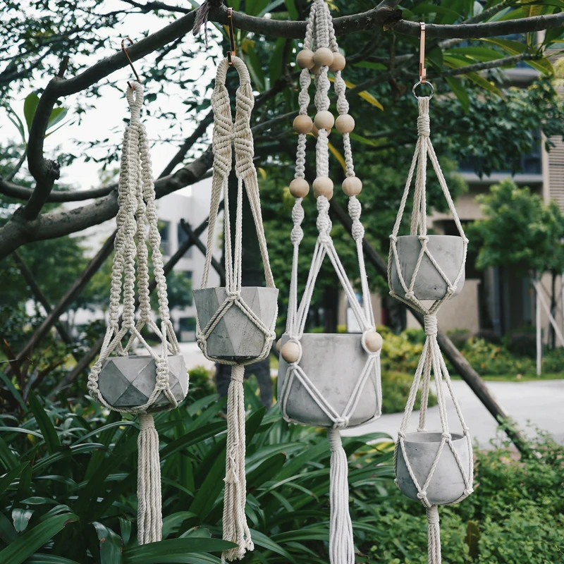 

WCIC 90cm Knotted Macrame Plant Hanger Flower Pot Basket Lifting Rope Pot Holder Garden Tool Vintage Cotton Linen Hanging Basket