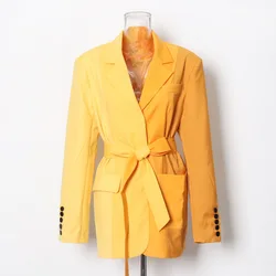 High street amarelo moda blazer sólido chique gola entalhada manga cheia mulheres faixas outwear elegante solto à moda jaqueta femme