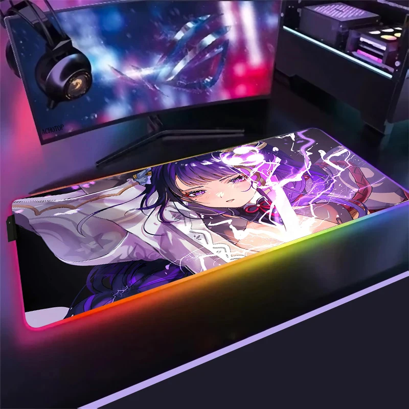 Большой игровой RGB коврик для мыши Anime Genshin Impact компьютерный со светодиодной