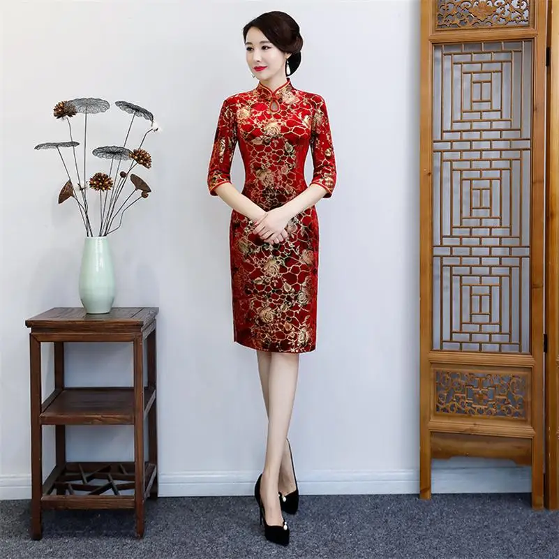 Элегантный тонкий сексуальный Cheongsam женское традиционное Qipao осенне-зимнее велюровое вечернее платье Vestidos оверсайз M-4XL - Цвет: 2178