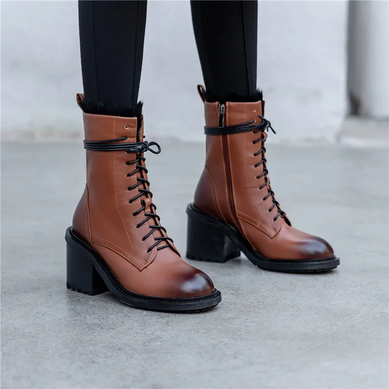 ASUMER Newest hot genuine leather ankle boots women thick fur high heels shoes woman lace up zip vintage winter boots woman