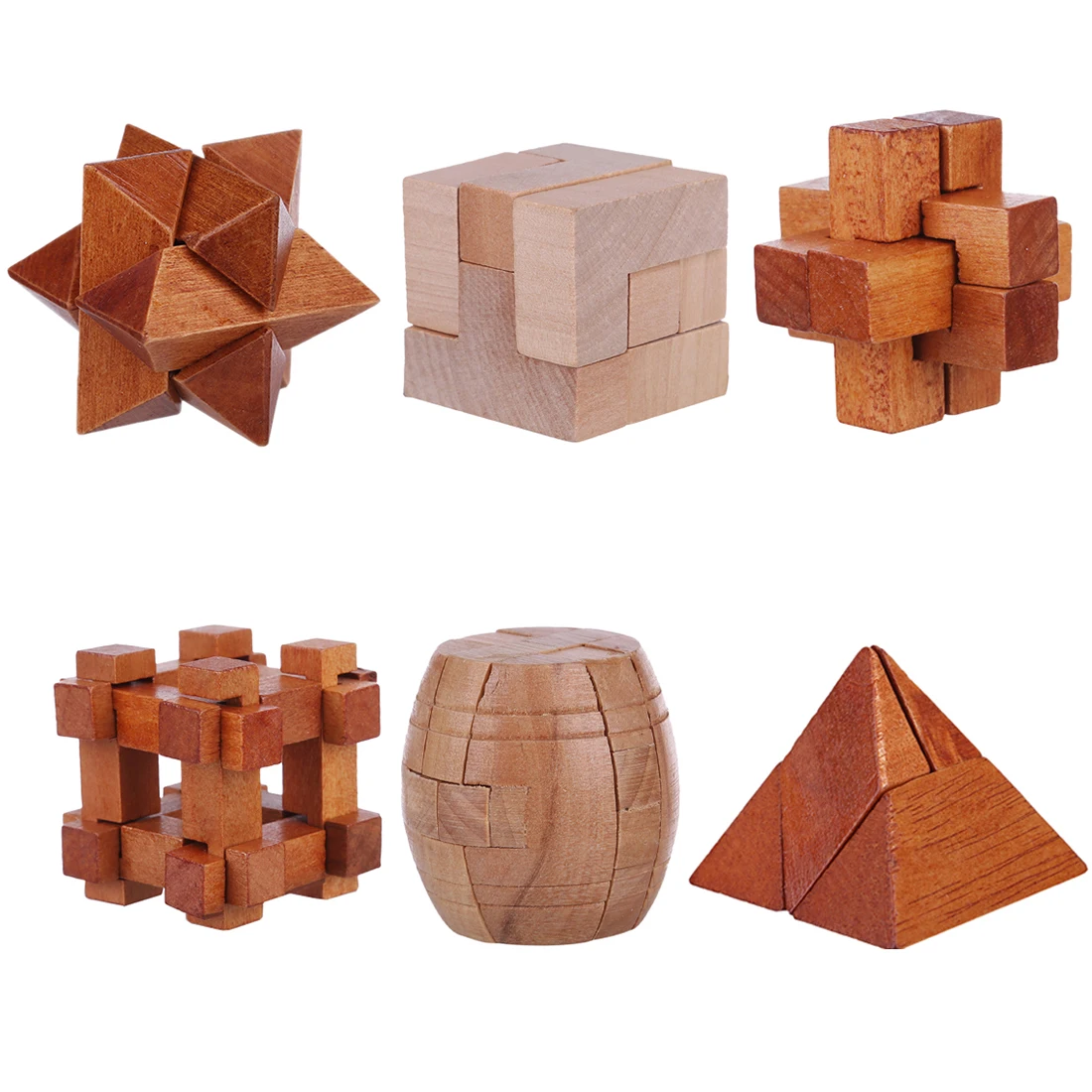 Hot 6Pcs Beech Kong Ming Lock Puzzle Luban Lock Set Brain Teaser Toy Children Adults Interactive Game Reliever Educational Toys