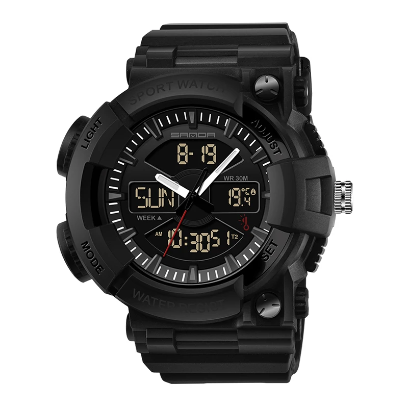 Black Black Top Brand SANDA Fashion Sports Style Digital Watch Practical Alarm Clock Temperature Measurement Luminous Function for Men 766 - Цвет: Black Black