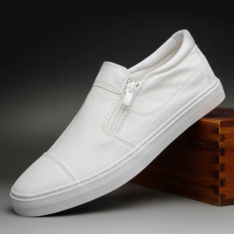 Men's Casual PU Leather Shoes Fashion Korean Shallow Mouth Shoes Slip on Men Loafers Zipper Flat Sneakers casual shoes sports shoes casual sneakers leather shoes running sneakers