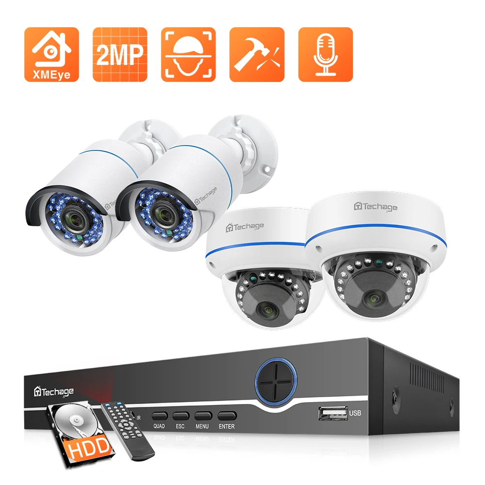 

Techage H.265 4CH 2MP POE CCTV Surveillance System Indoor Outdoor Waterproof IP Camera POE NVR Kit P2P Video Security Camera Set