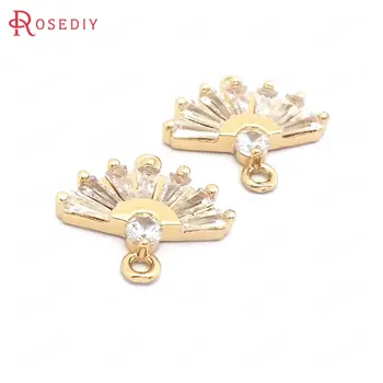 

(39565)6PCS 14x15MM 24K Gold Color Brass and Zircon 2 Holes Fan Shape Connect Charms Pendants Jewelry Making Diy Accessories