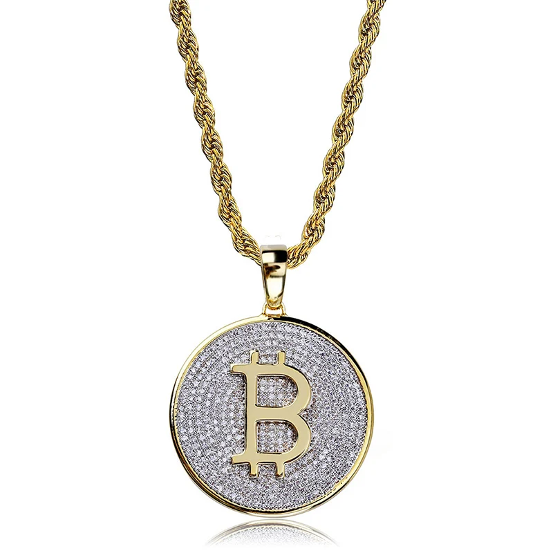 Хип хоп микро проложили AAA+ кубический цирконий Iced Out Bling Gold Bitcoin подвески ожерелье для мужчин и женщин рэппер ювелирные изделия