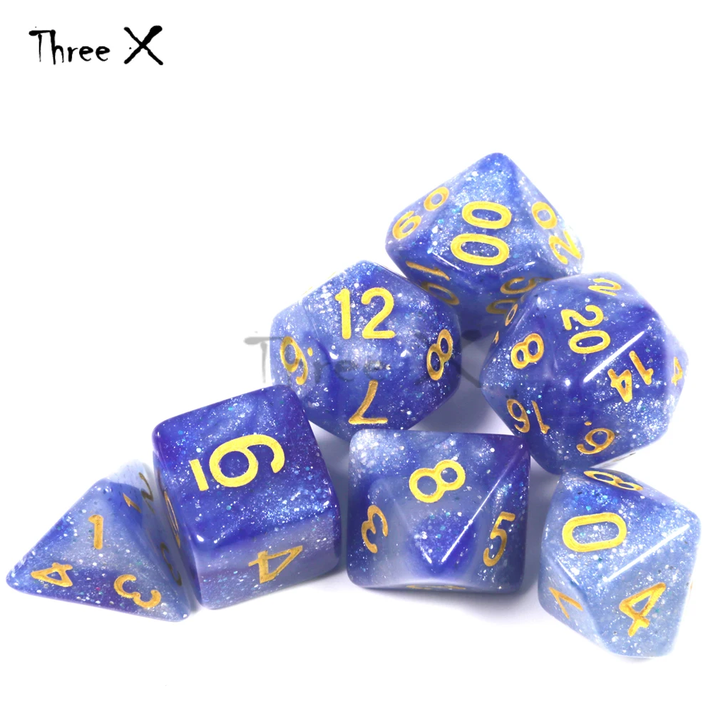 

Three X Creative Universe Galaxy Dice Set Dark Green Color D4-D20 with Mysterious Royal Glitter Powder for DND RPG Party Favor