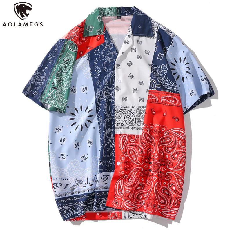 

Aolamegs Retro Folk-custom Totems Color Block Patchwork Shirts Men Short Sleeve Casual Hawaiian Bermuda Beach Summer Shirts Tops