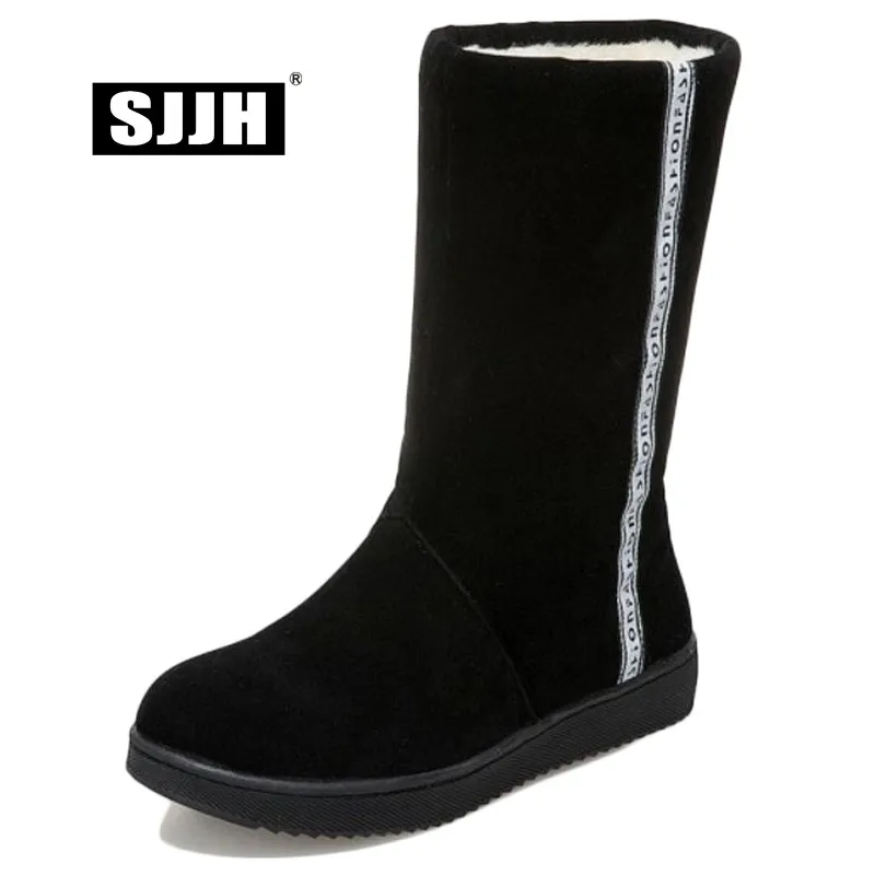 SJJH/женские зимние сапоги на плоской подошве, с круглым носком, до середины икры, из флока, короткие плюшевые сапоги, зимняя модная повседневная обувь для девочек, D761