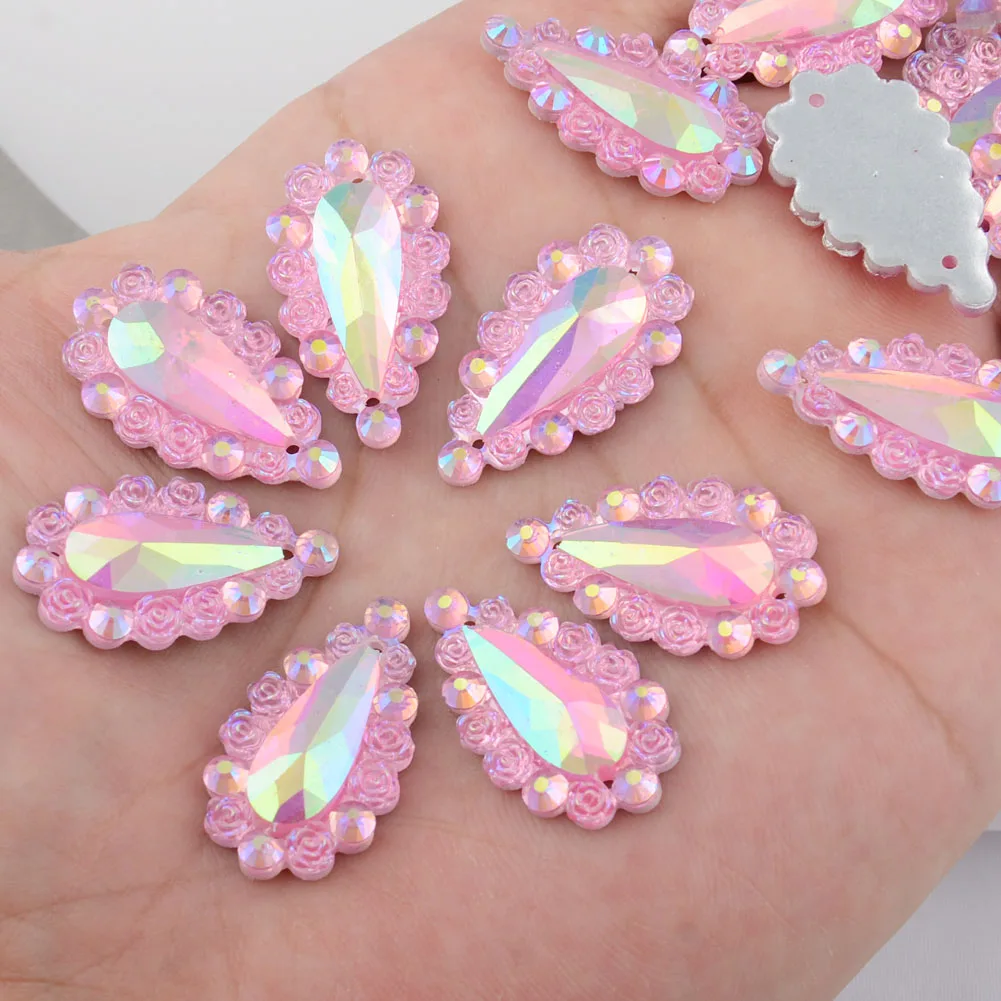 BOLIAO AB Drop 10Pcs 16*27mm(0.63*1.06 in) Rose Flower Pink Rhinestone Flat back Resin Sew On Home Holiday Decoration 2 Hole | Дом и сад