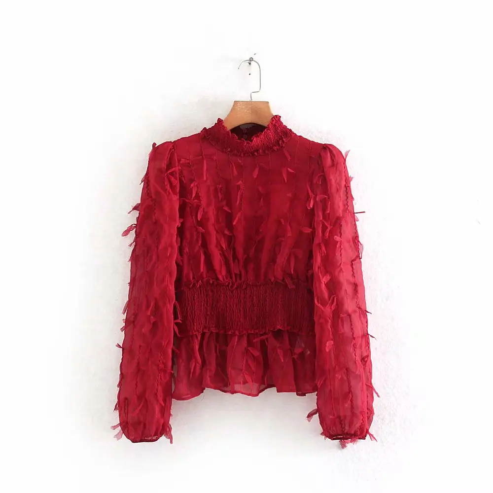 

2020 new women elegant tassel decoration elastic waist chic blouses ladies stand collar ruffles smock shirts chemise tops LS6088