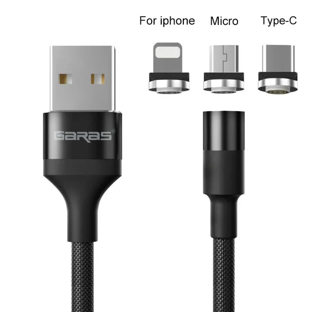 GARAS Magnetic USB Cable Adroid  Micro USB&Type C 3A Fast Charging Charger Data Cable QC3.0 Quick Charge Magnet Charger Cable black cable 3in 1