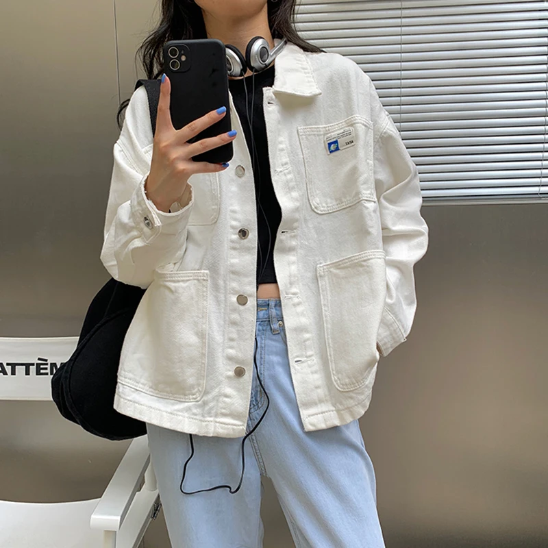 4 Color New Spring Vintage Denim Jacket Female Small Badge Multi-pocket Women Jackets Harajuku Kawaii Oversized Coat Mujer |