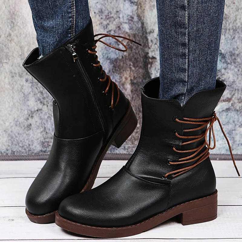 de invierno de media caña con cremallera para Mujer, botines sexys con cordones, zapatos de talla grande, 2021|Botas hasta el tobillo| - AliExpress