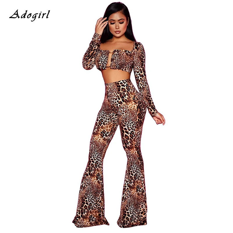 

Adogirl Leopard Print Hollow Out Two Piece Set Sexy Square Collar Crop Top With Flared Trousers Tracksuit Evening Club Party Set