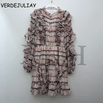 

VERDEJULIAY Runway Fashion Women Dress Long Sleeve Designer New Arrival Cascading Ruffles Flower Print Mini Casual Dresses