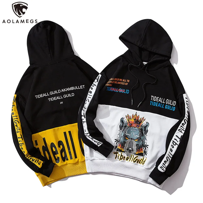 

Aolamegs Hoodies Men Hit Color Cartoon Print Pullover Hooded Sweatshirt Patchwork All-match High Street Casual Style Streetwear