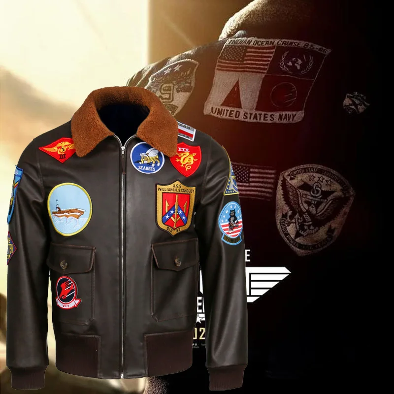 Мужская кожаная куртка пистолет: Maverick Авиатор коричневая зимняя шерстяное