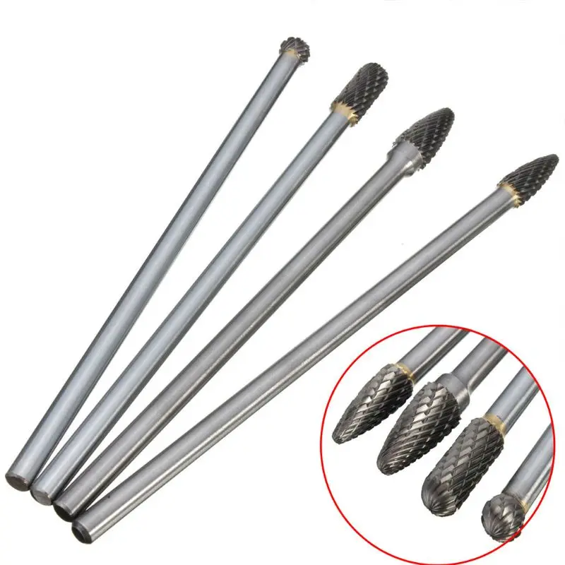 4Pcs Efficient Double Cut Long Reach Burr Grinding Milling Tungsten Steel Carbide Set