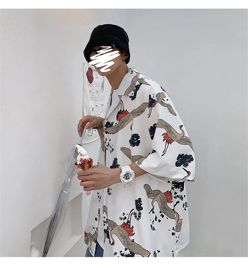 manches chemise oversize harajuku noir hawaïen hommes coréens mince impression lâche manches courtes couple anime streetwear