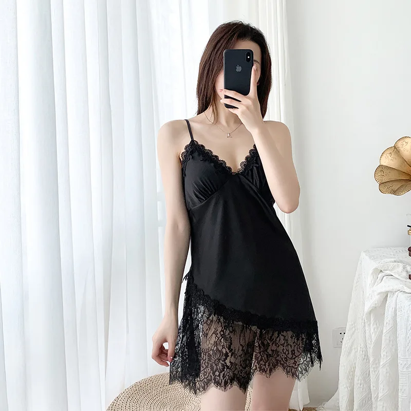 

XIFER New Summer Ladies Sexy Sleepwear Skirt Soft and Breathable Home Nightdress V-neck Lace Comfortable Home Service