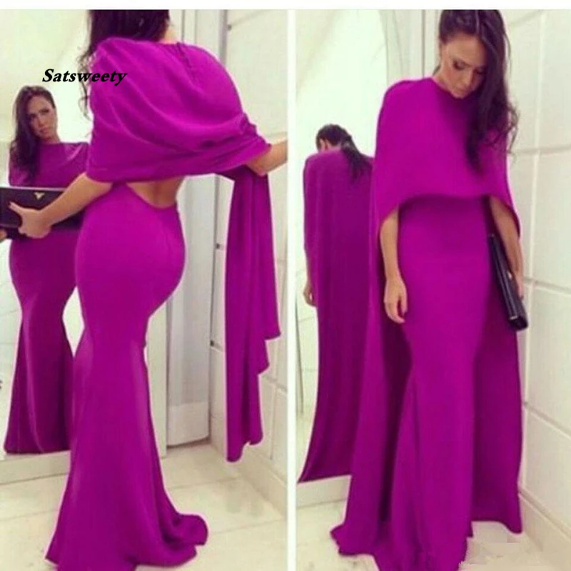 

Fuschia Chiffon Mermaid Arabic Evening Dress With Cape Sexy Backless Plus Size Formal Prom Occasion Gown Vestidos De Novia