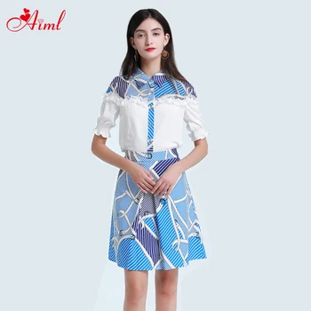 

Fashion 2020 Designer Female Set Summer Short sleeve Shirt Lace Ruffles Tops + Leisure Half Skirt Stripe Print Two-Piece Suit