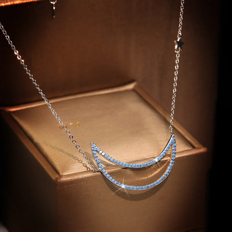 

NPKDS Bohemia Women's Moon Star Pendant Necklaces Blue Cubic Zirconia Exquisite Necklace with Chain Wedding Jewelry