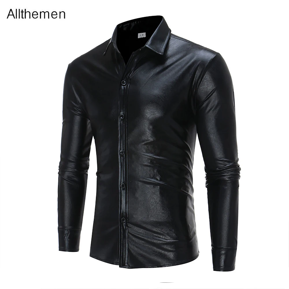 Все Для мужчин металлические рубашки с длинным рукавом Вечерние Slim Fit блестящие