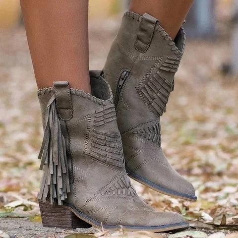 Nice-New-Boho-Flock-Leather-Women-Boots-Fringe-Flat-Heels-Woman-Med-High-Solid-Boots-Woman