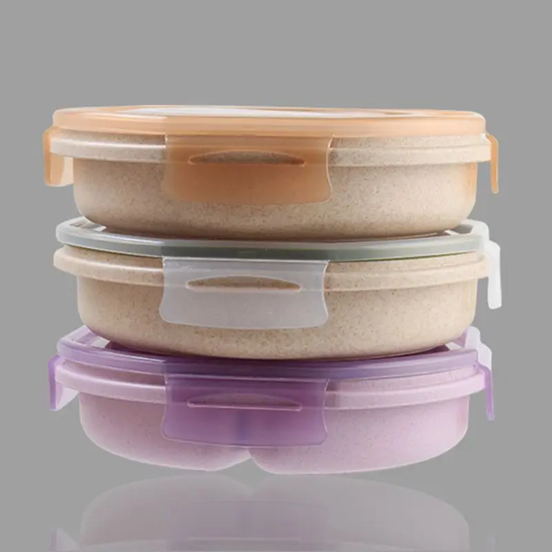 

Round Wheat Straw Lunch Box with Spoon Bento Box Creative Square Tableware