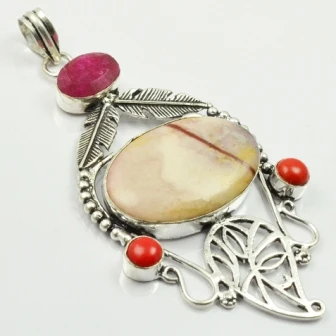 

Mookaite & Jaspers & Coral & Rubys Pendant Silver Overlay over Copper , 83 mm, P2667