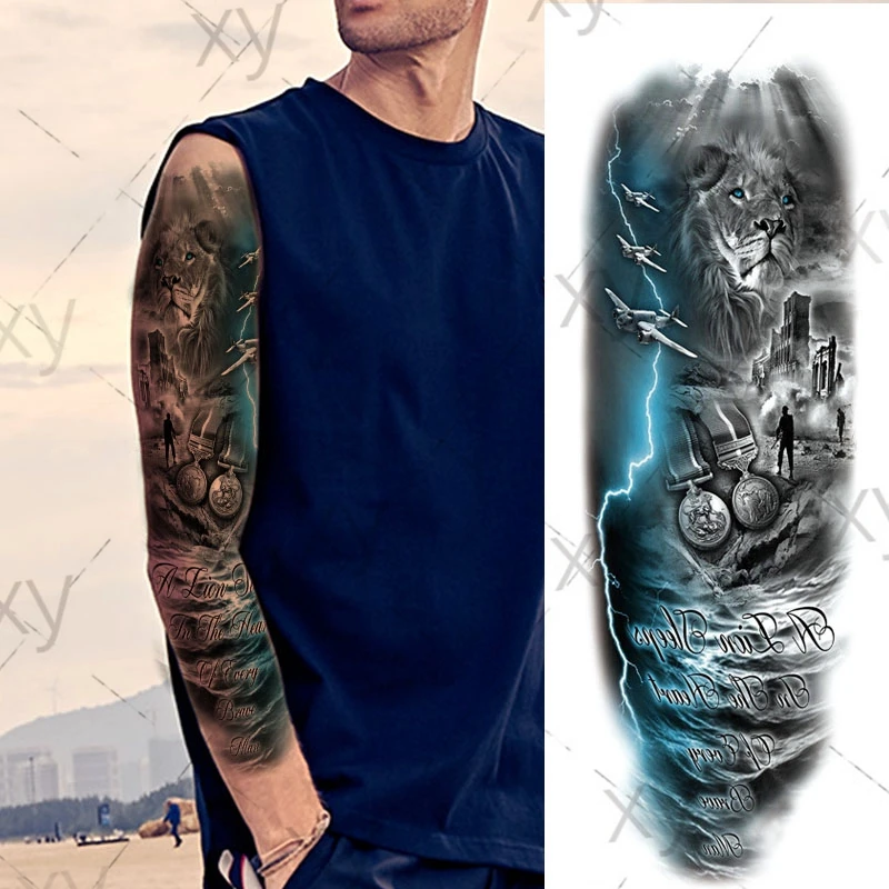 

Waterproof Temporary Tattoo Sticker Castle Lion Aircraft Full Arm Large Size Sleeve Tatoo Fake Tatto Flash Tattoos for Men Women