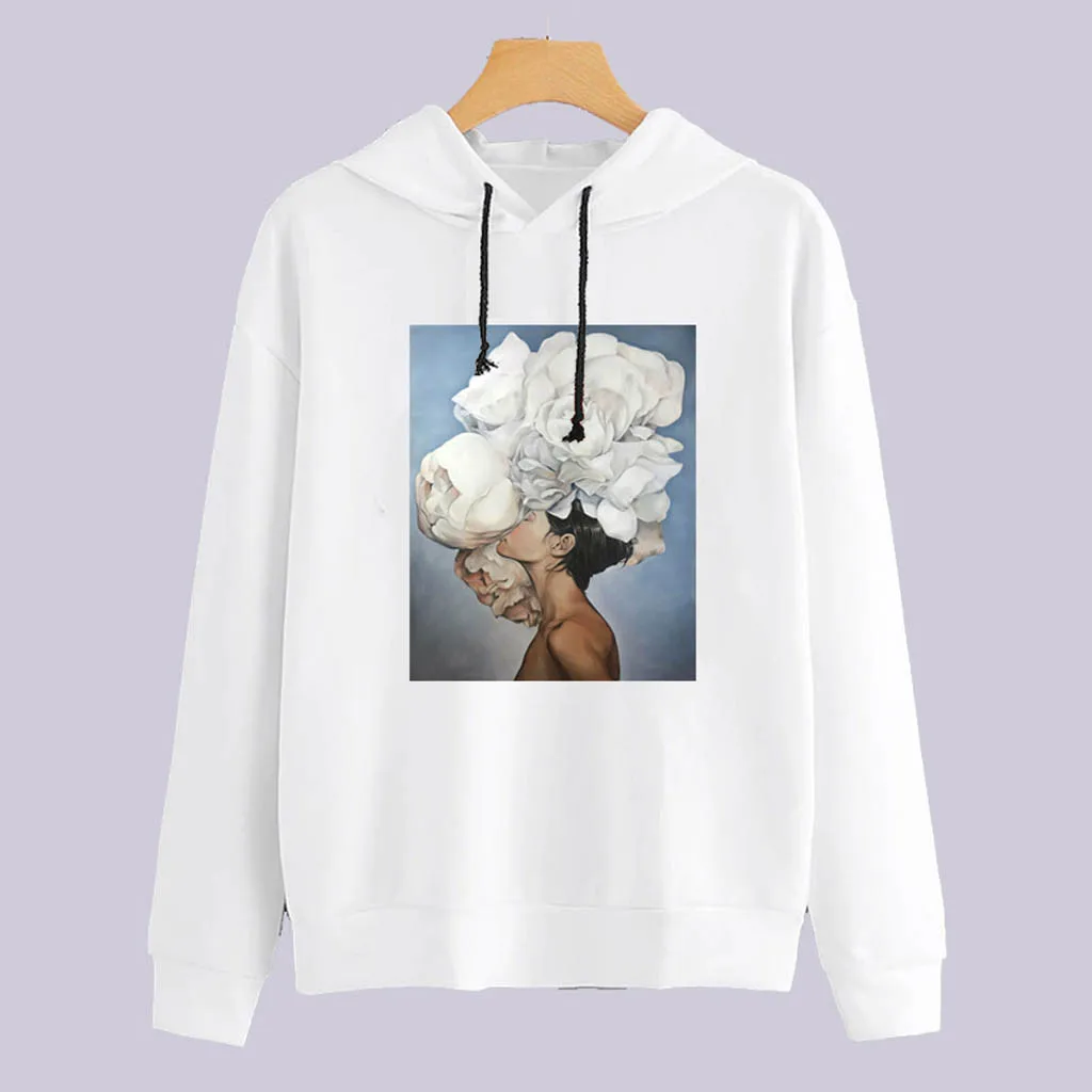 

Vintage Women flowear Print hoody Long Sleeves Sweatershirt Tops drawstring abstract art hoodied Harajuku Pullover Sudadera