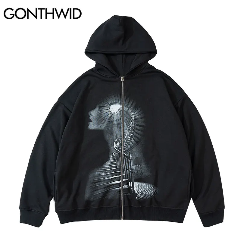 GONTHWID Mens Hip Hop Zip Up Streetwear Hooded Sweatshirt Jacket Gothic ...