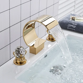Black Bathroom Basin Faucet Brass 2 Crystal Knobs Cold Hot Gold High Arc Waterfall Filler Faucet 3 Holes Deck Mounted 5