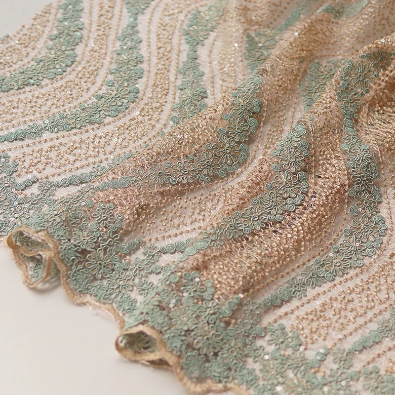 

100x130cm/pieceBlue green Sequin bone thread embroidery random mesh fabric wave flower lace clothing accessories