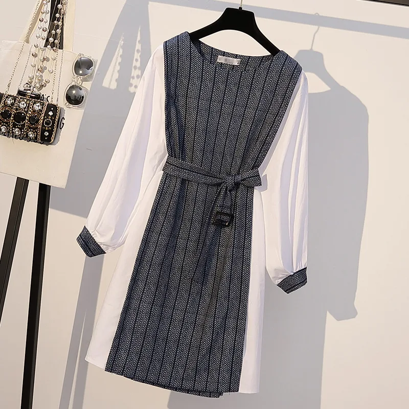 

Photo Shoot 2020 Spring New Style Large Size Dress Korean-style Loose-Fit Slimming Contrast Color Waist Hugging Joint Mid-length