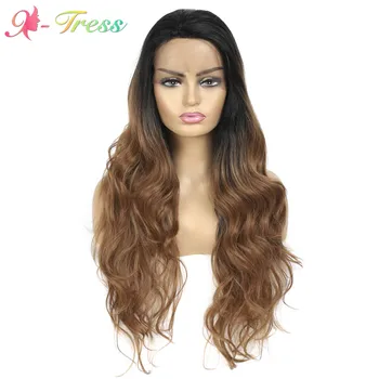 

X-TRESS Body Wave 26inch Ombre Brown Long Synthetic Wigs For White Women 1cm Lace Front Wigs Heat Resistant Cosplay Wigs