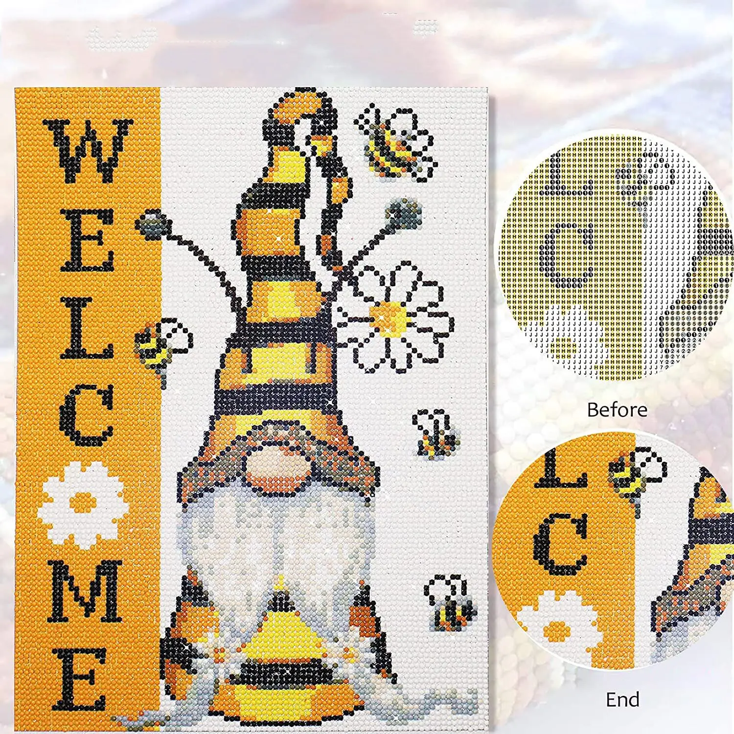 Welcome Bee Gnome Diamond Painting Full Drill Round DIY 5D Art Craft Handcraft Embroidery Kit Home Wall Decor | Дом и сад