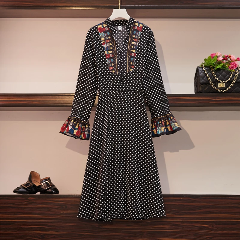 

M-3XL Plus Size 2019 Autumn Women Retro Style Flare Long Sleeves Dot A Line Dress Female Dresses Oversize N321
