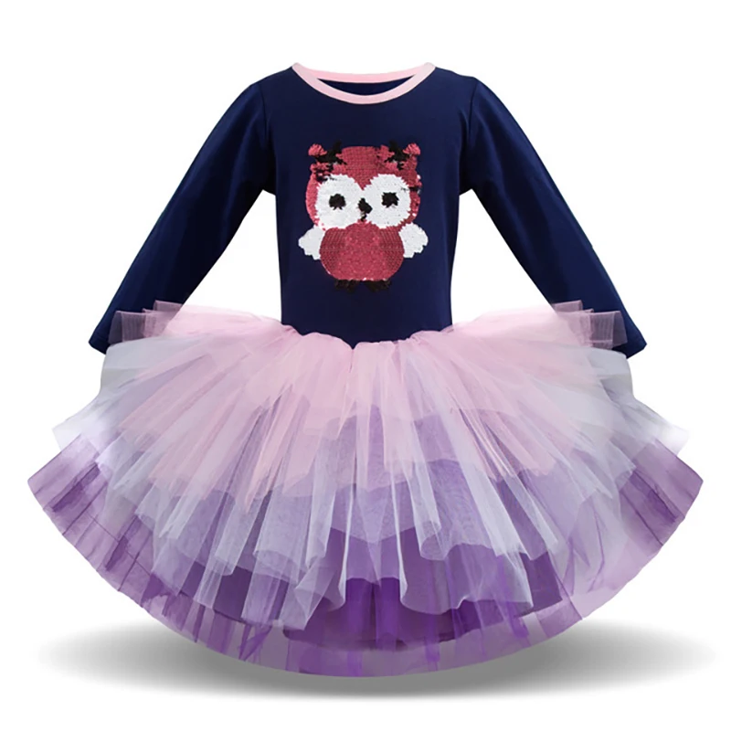

2019 Winter New Arrival Korean Style Unicorn Print Children's Dress Mesh Long-sleeved O-neck Princess Dress Tutu Girls Dress