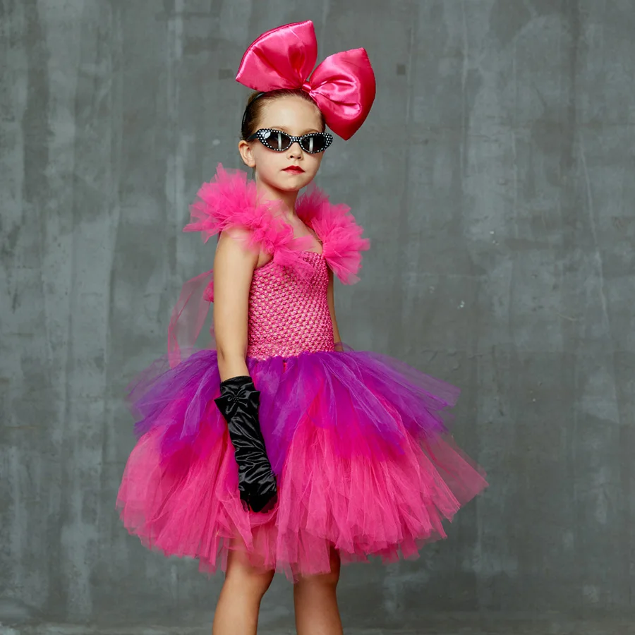 Kids Punk Rock Tutu Dress with Big Bows and Glasses Baby Girls Rockers Queen Halloween Costume Handmade Kids Tiered Party Dress (3)