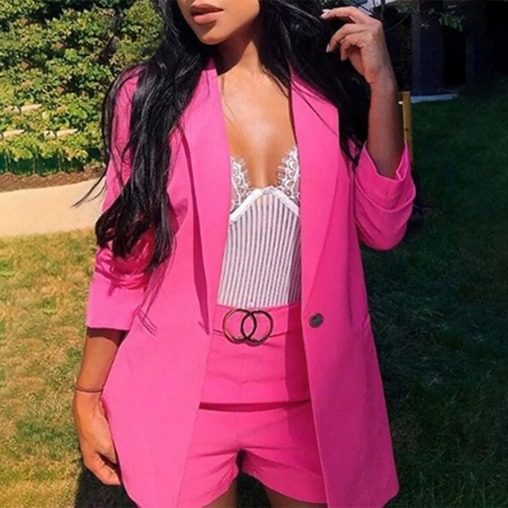 Women Sets Pink Eye-dazzling Women's Suit Blazer Elegant Personality Design Business Shirt Short Pants 2 Piece Set G3 | Женская