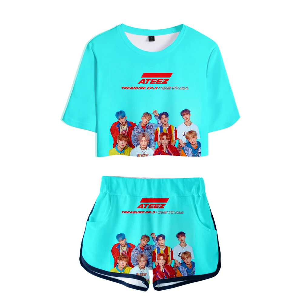 3D ATEEZ k-pops sets Printed Women 2 Piece Set Summer cute Short Sleeve Crop Top+Shorts 2019 Hot Sale sets Streetwear Clothes