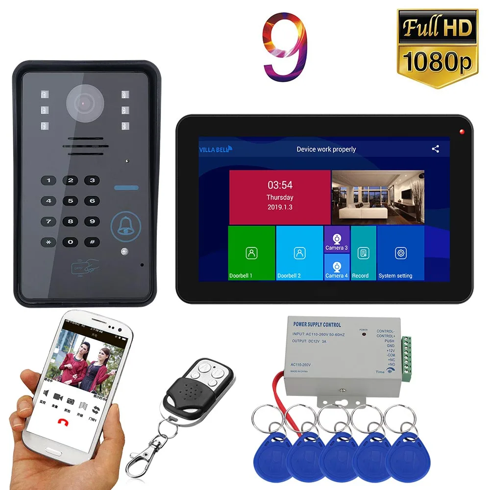 MOUNTAINONE 9 inch Wifi Wireless RFID Video Door Phone Doorbell Intercom System with Wired AHD 1080P camera